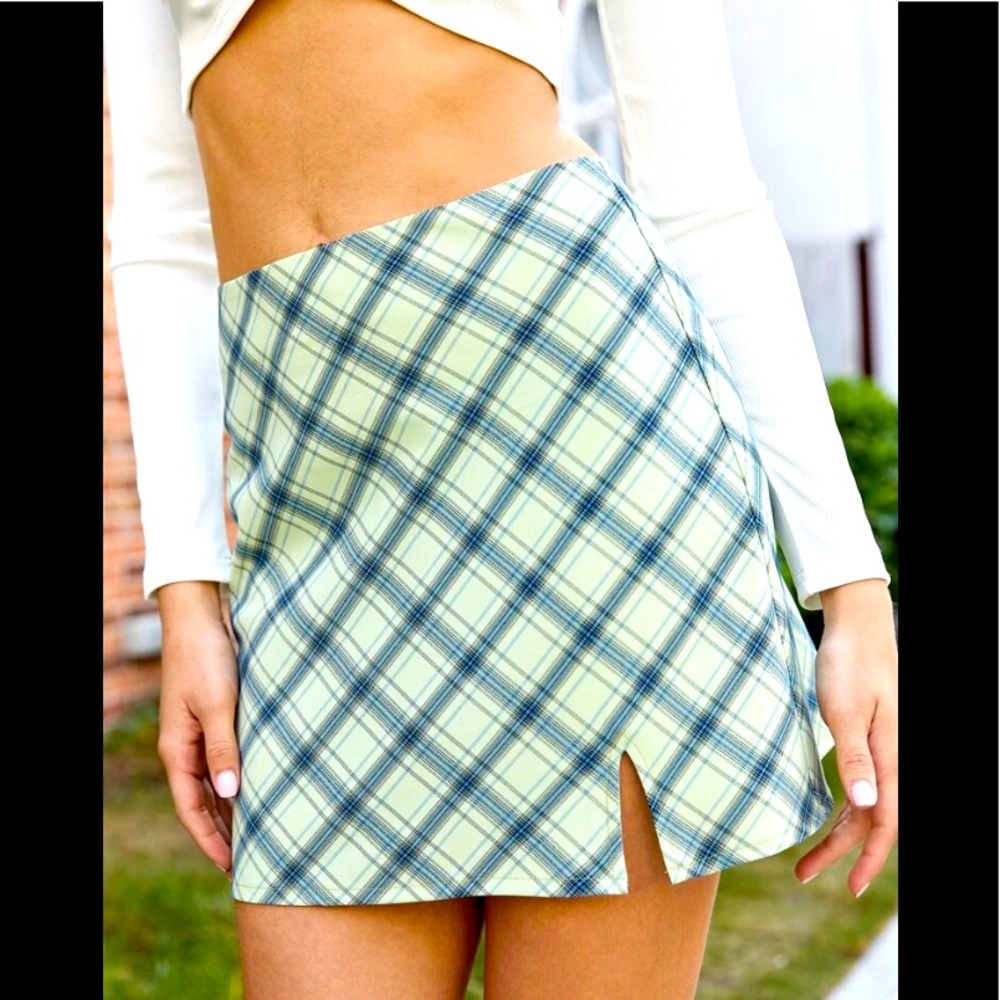 Plaid Mint Green Hidden Zipper Closure With A Sexy Side Split Mini Skirt